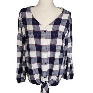 Como Vintage Plaid V-neck Button Up Knit Top with Tie XL